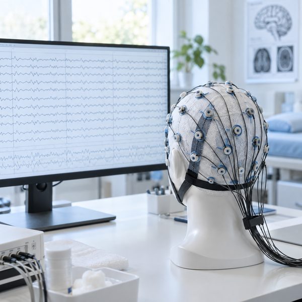 EEG electrode cap on a mannequin head beside recorded EEG traces